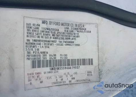 2004 Mercury Sable Ls Premium из США, поврежденный, VIN 1MEFM55S94A619037